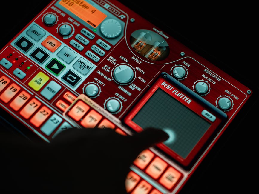 Close-up of a finger interacting with a music production app on a tablet, showcasing vibrant controls.