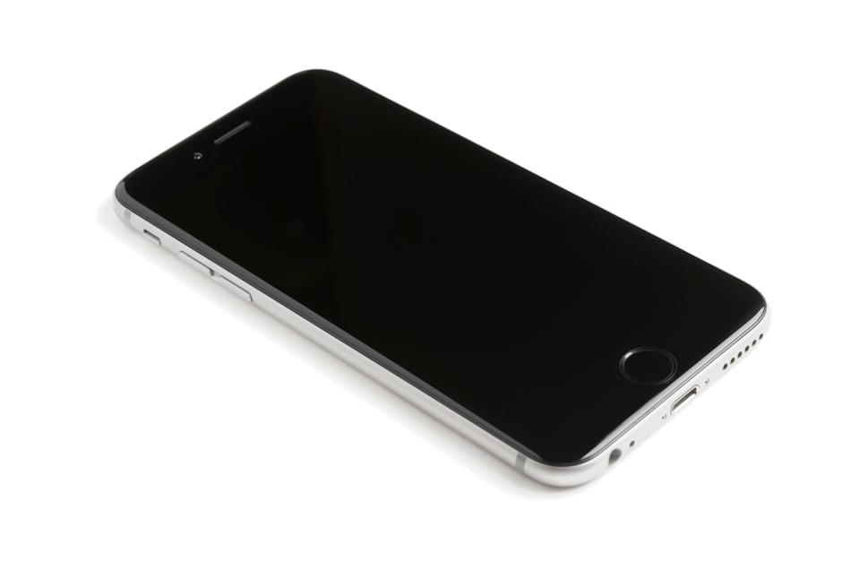 A modern smartphone with a blank screen lying on a white surface, showcasing sleek design.