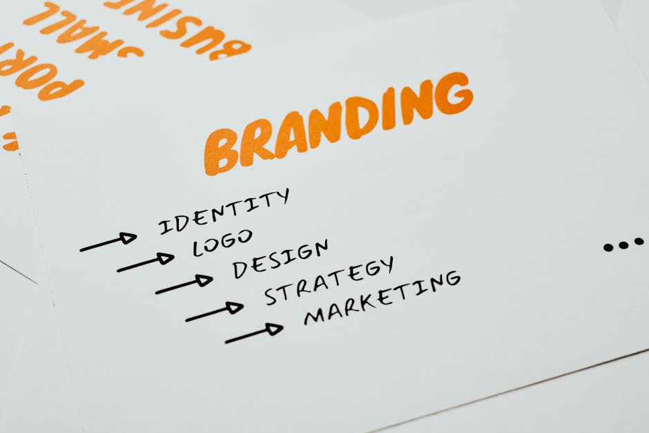Close-up of a paper with branding, identity, design, strategy, and marketing concepts in orange and black.