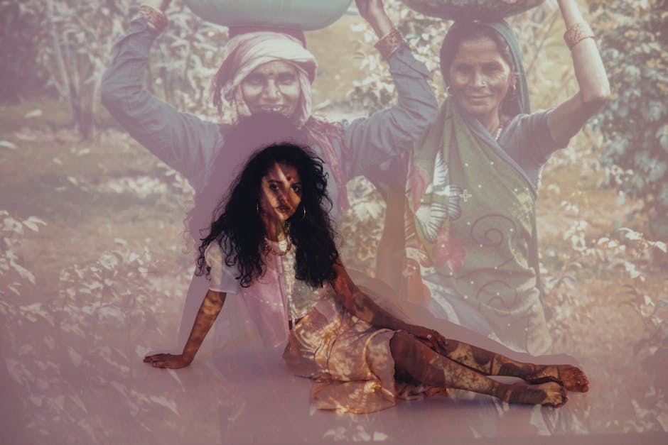 Conceptual image of a woman with cultural projection background.